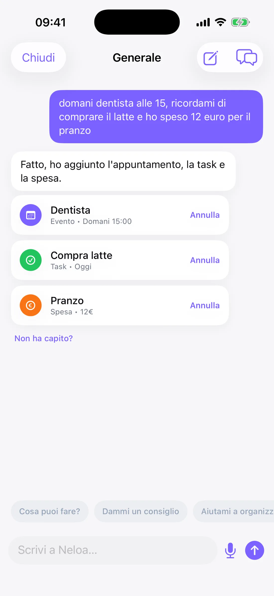 La chat di Neloa: da una frase risponde e crea un evento dal dentista, una task e una spesa, ognuno annullabile