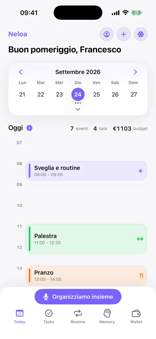 Vista giorno con palestra, pranzo e routine del mattino